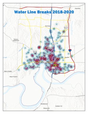 A water main heat map provided by the Evansville Water & Sewer Utility. There were over 900 breaks from Jan. 1, 2018 through Dec. 31, 2020.