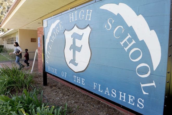 A sign in front of the entrance to Fillmore High School.