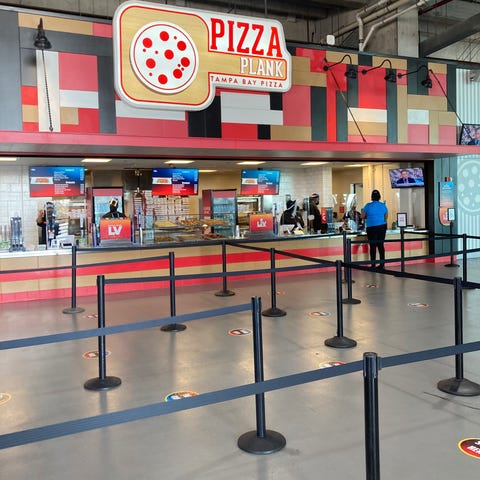 A pizza stand inside Raymond James Stadium about t