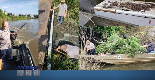 Ascension Parish public works employees on the waterway management crew clear debris and other obstacles from parish waterways. Parish President Clint Cointment displayed these photos during an update on recent projects.