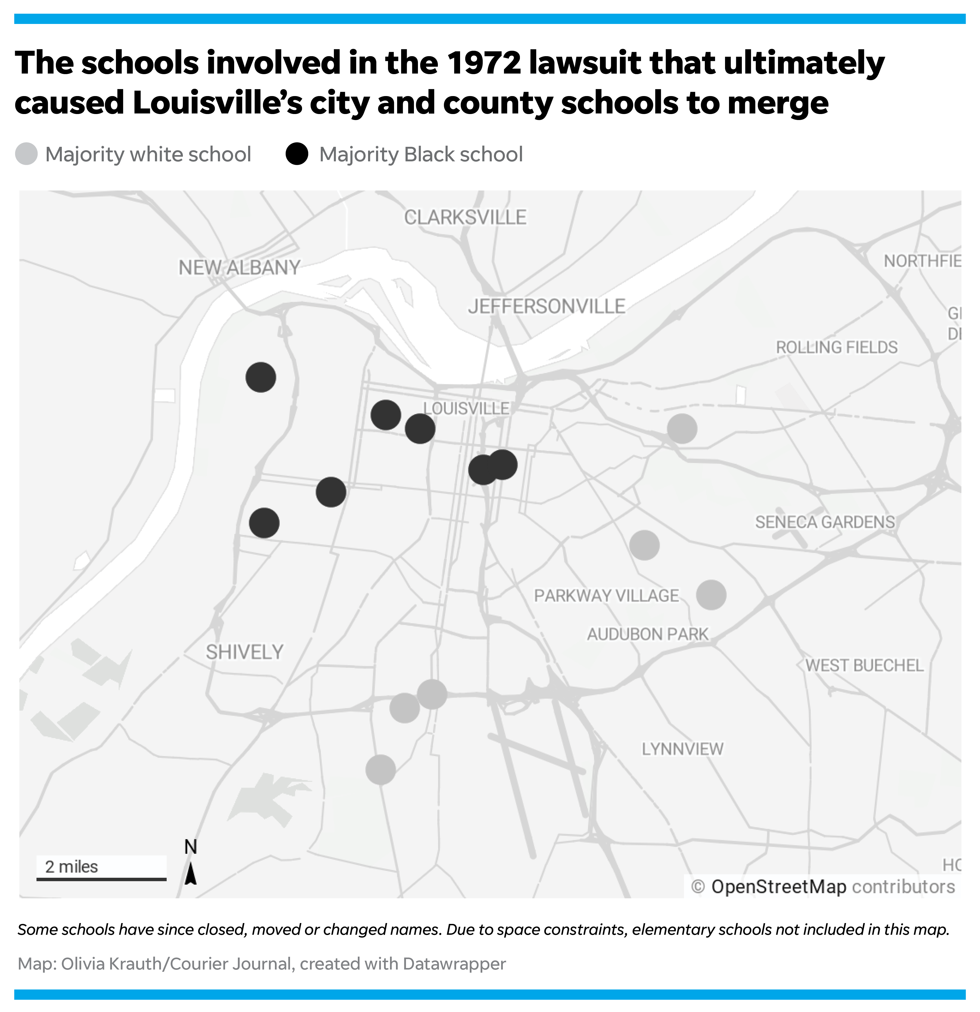 The schools involved in the 1972 lawsuit that ultimately
caused Louisville’s city and county schools to merge