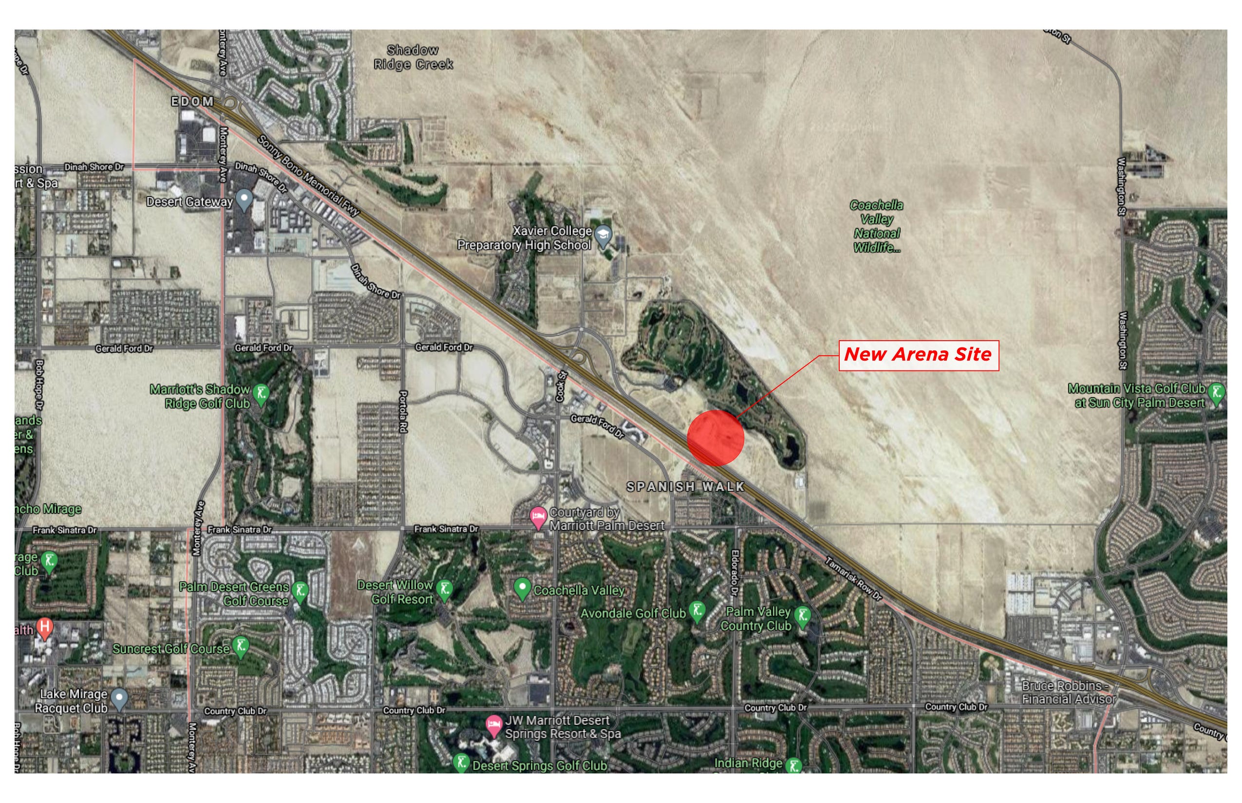 A map shows the location of the Coachella Valley arena proposed near the Palm Desert area that is scheduled to be completed by the fourth quarter of 2022.