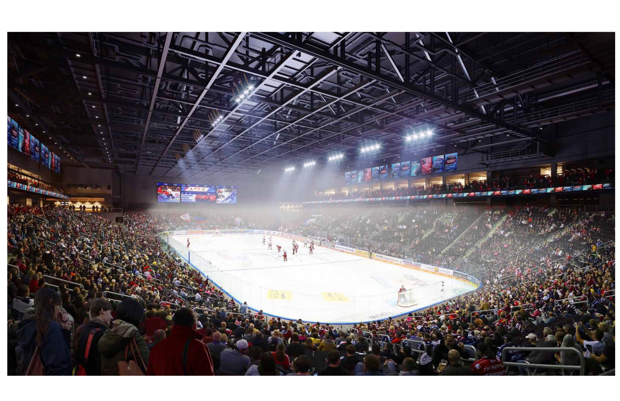 A rendering shows what the inside of the forthcoming Coachella Valley arena would look like during ice hockey games. The proposed arena will host an American Hockey League team, live music and other sporting events.