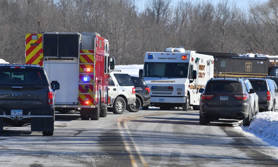 A variety of emergency vehicles are stationed near the Allina Health Clinic building Tuesday, Feb. 9, 2021, in Buffalo. 