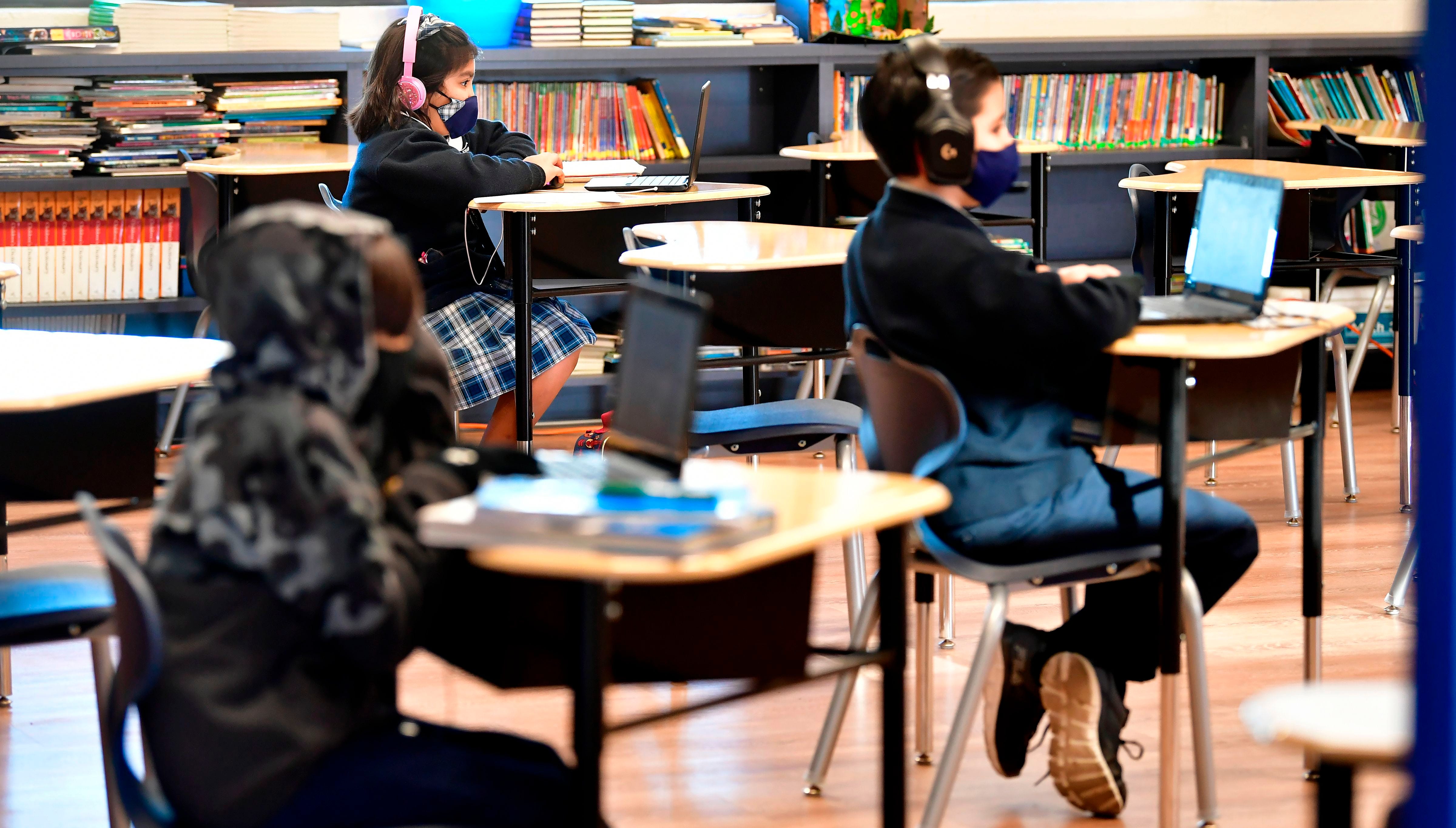 Students at St. Joseph Catholic School on Nov. 16, 2020, in La Puente, California.