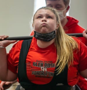 Glen Rose's Mallory Alexander, competing in the squat on Monday in Glen Rose, is ranked third in the region in her weight class.