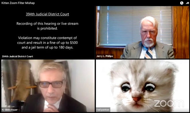 This image from video shows a hearing from the 394th Judicial District Court of Texas. The hearing took a detour when an attorney showed up looking like a kitten.