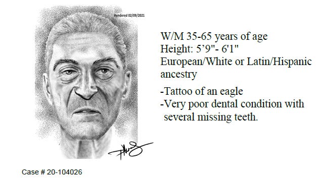 The Palm Beach County Sheriff's Office is trying to identify the body of a man found in suburban Boynton Beach on Friday, Sept. 4, 2020. It released this sketch on Wednesday, Feb. 10, 2021, in hopes of gathering information.