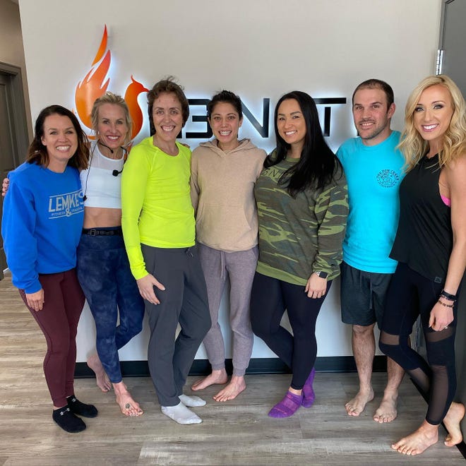 Kendra Brouwer and instructors at Ignite Infrared Fitness Studio's 'Evening for Kendra' yoga event on Feb. 9, 2021 in Sioux Falls