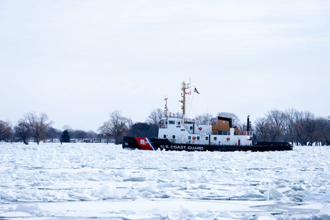 The USCGC Morro Bay breaks through ice on the St. Clair River Wednesday, Feb. 10, 2021, near a park in Marine City. The Morro Bay, along with several other U.S. Coast Guard cutters and Canadian Coast Guard ships, has been working to break up ice on the St. Clair River to relieve flooding.