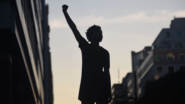 A demonstrator's silhouette is seen as they raise 