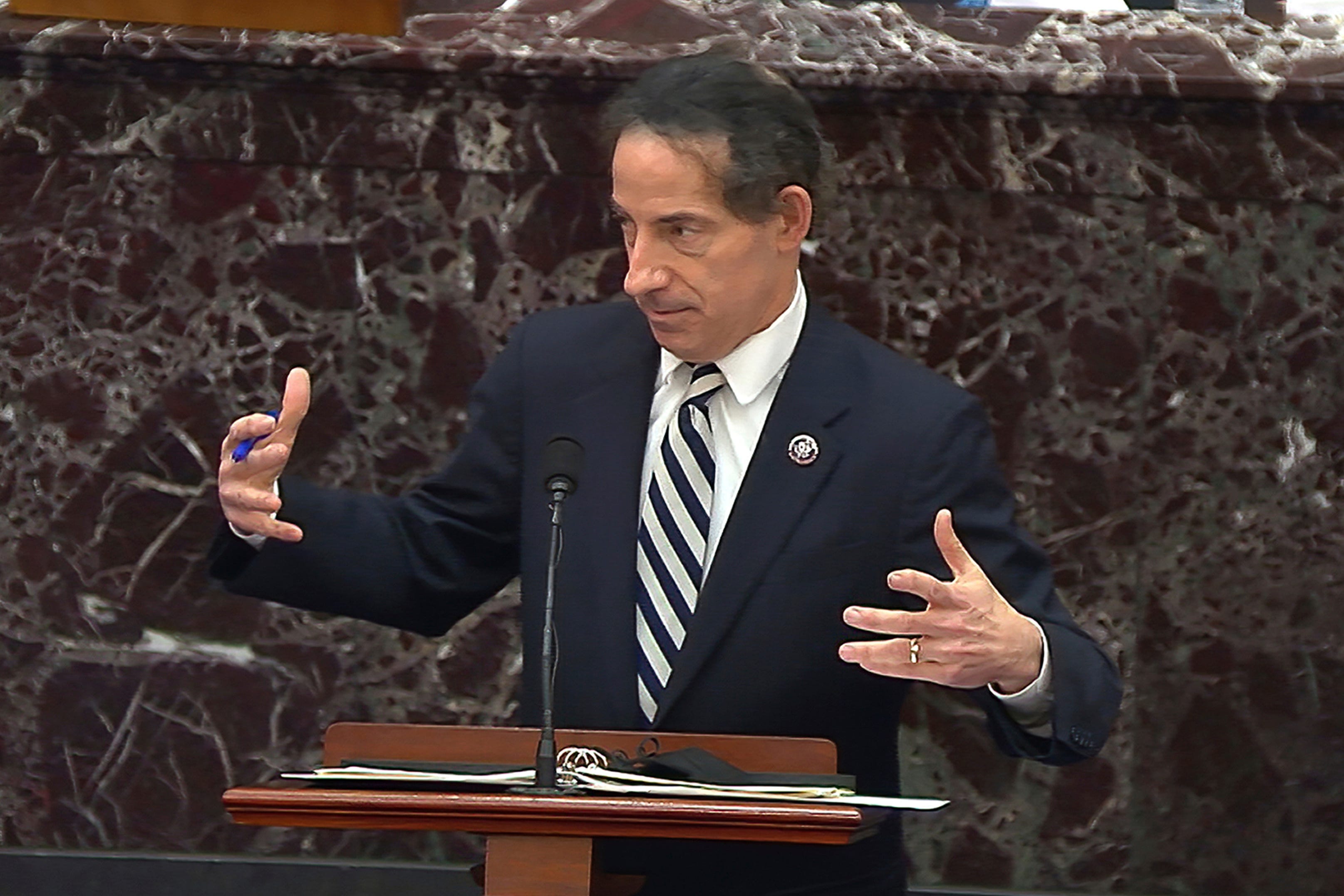 In this image from video, House impeachment manager Rep. Jamie Raskin, D-Md., speaks during the second impeachment trial of former President Donald Trump in the Senate at the U.S. Capitol in Washington, Thursday, Feb. 11, 2021. (Senate Television via AP)
