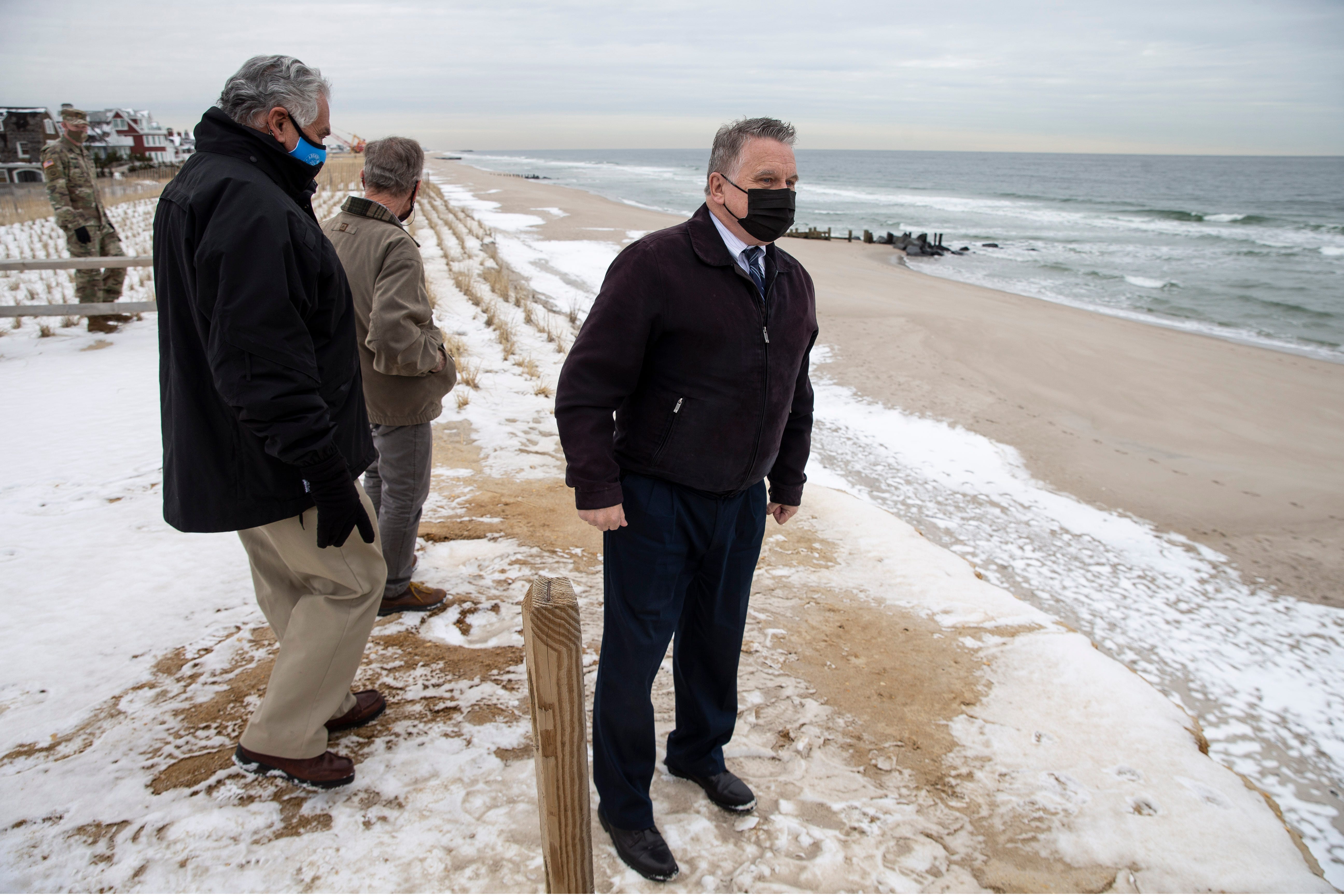 Officials from the Army Corps of Engineers and the DEP meet with local mayors, U.S. Rep. Chris Smith, and U.S. Rep. Andy Kim to tour storm damage from the Jan. 31-Feb. 3 nor'easter. The governor and NJDEP have asked the Army Corps to come in and help shore up beaches badly damaged from the storm, including Ortley Beach, Mantoloking, and Bay Head. U.S. Rep. Chris Smith surveys the damage in Bay Head. Bay Head, NJ Friday, February, 12, 2021 