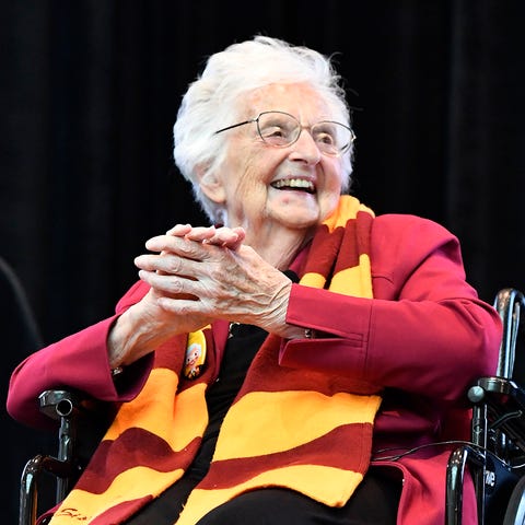 Sister Jean Delores Schmidt reacts during her 100t