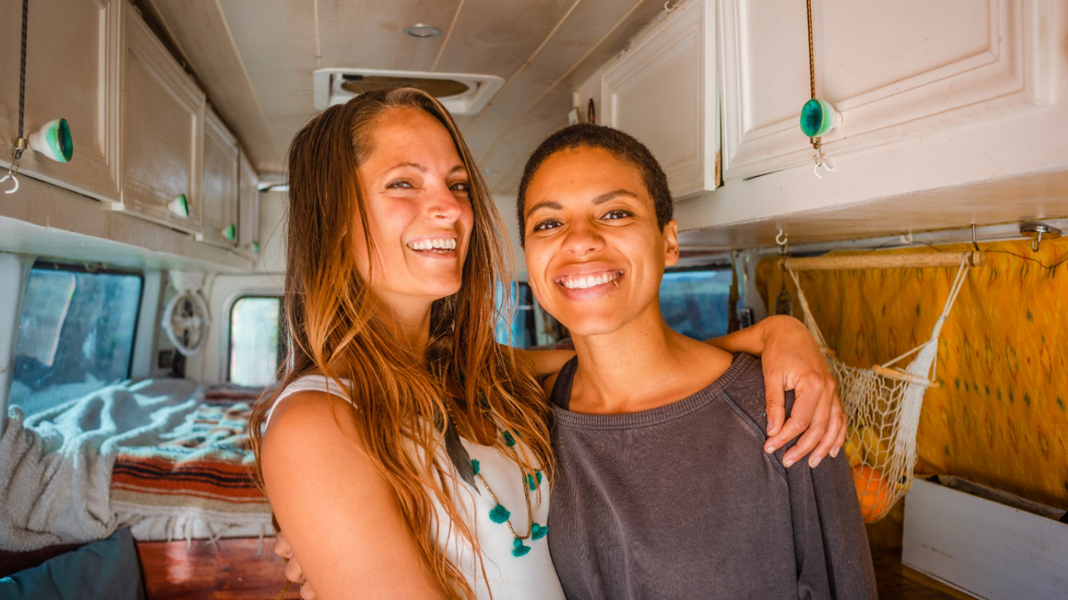 Married couple Abigail (left) and Natalie Rodriguez travel the country living in their converted Mercedes-Benz Sprinter van and showcasing their adventures on Instagram @letsplayrideandseek.