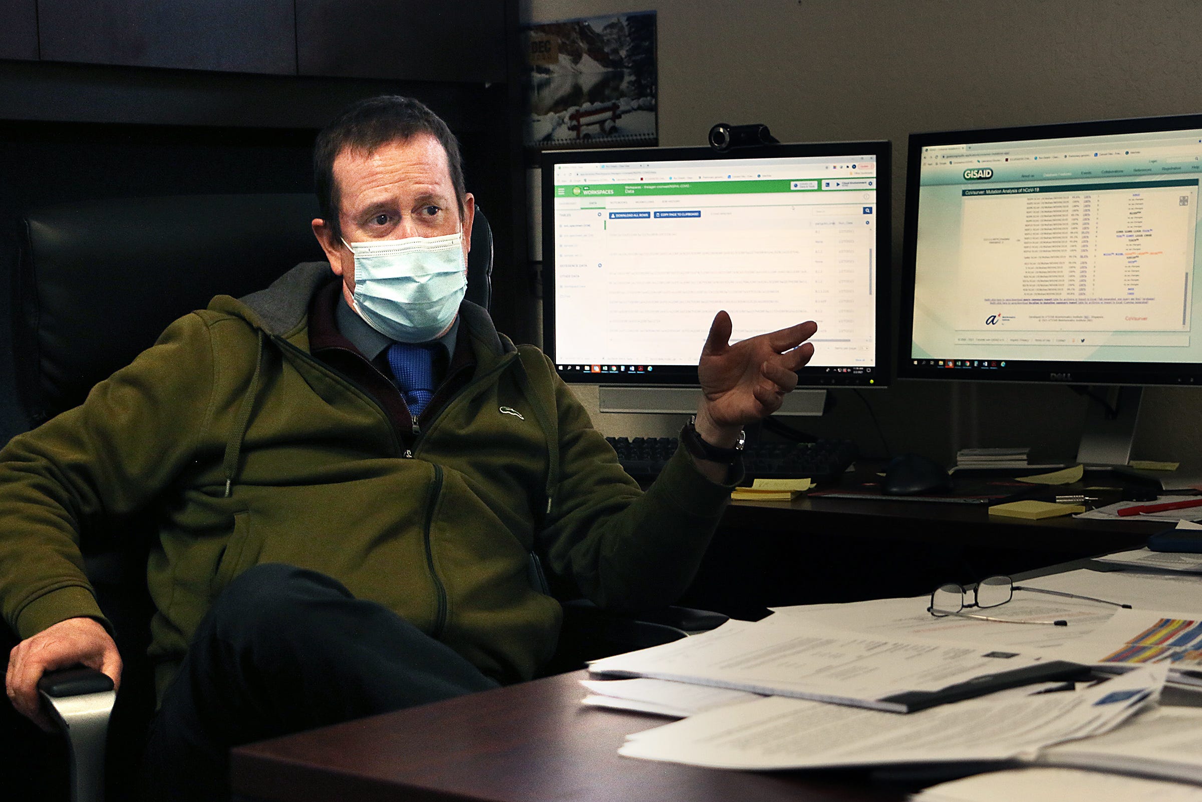 Dr. Mark Pandori, director of the Nevada State Public Health Laboratory, is seen in his office in Reno on Feb. 2, 2021.