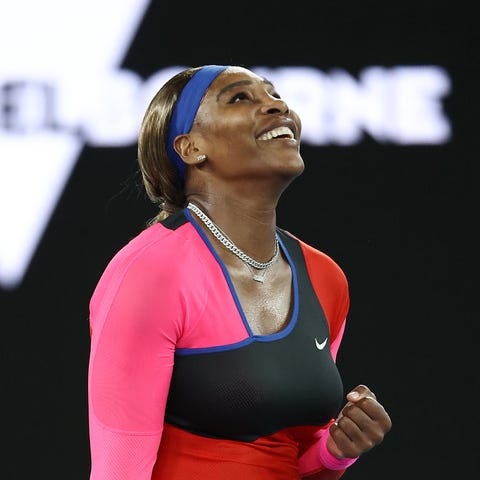 Serena Williams celebrates winning match point in 