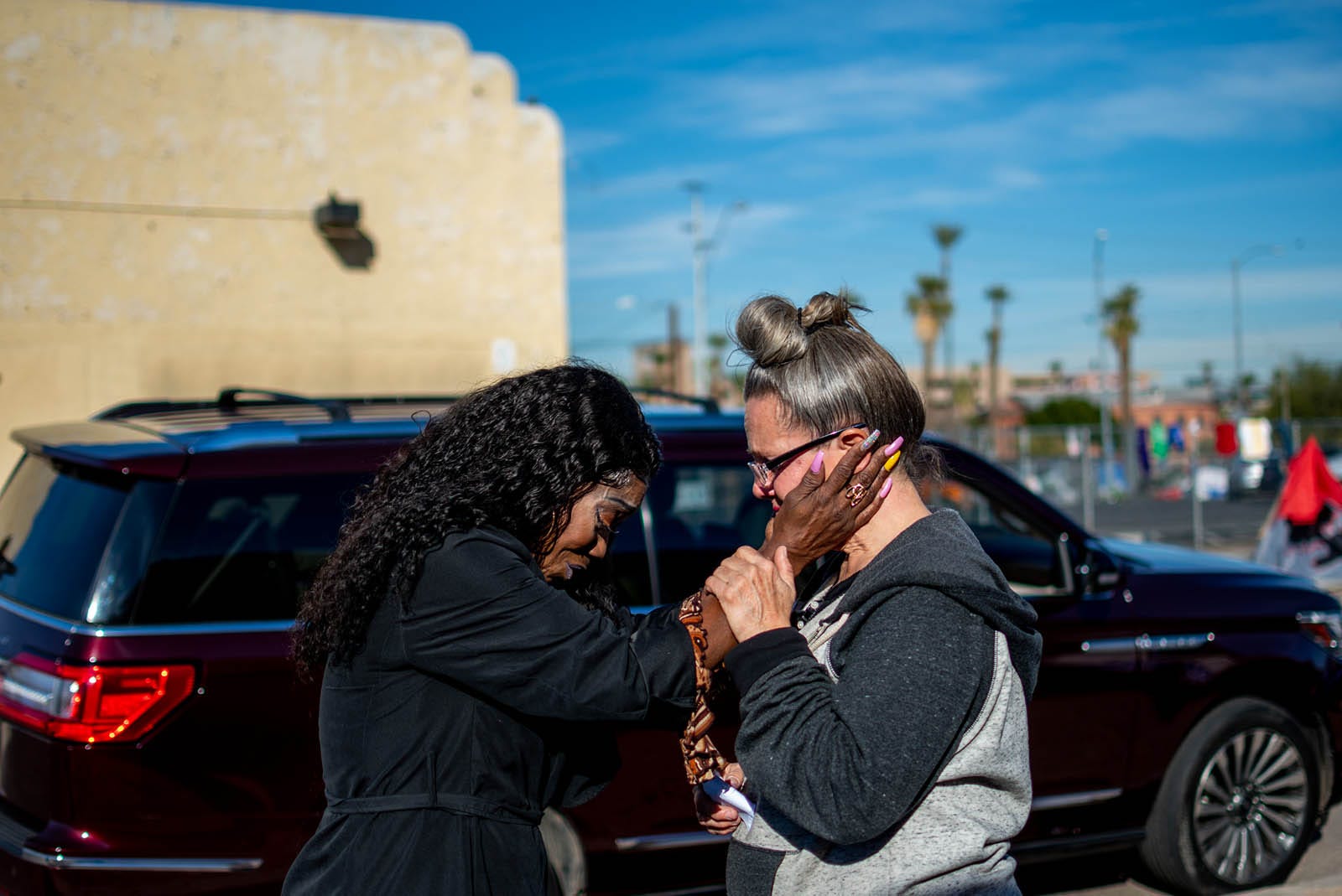 Darlene Carchedi gets emotional as she talks to a woman who promised Darlene a housing opportunity on  Jan. 3, 2020.