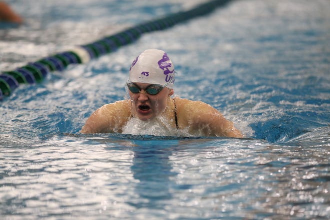 Brandon native Lizzy Spaans competes for USF at the NSIC swimming and diving championships in Fargo on Feb. 13, 2021.