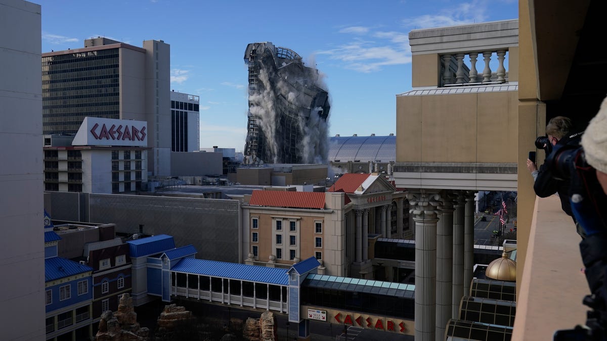 The former Trump Plaza casino in Atlantic City came down Wednesday, Feb. 17, 2021.