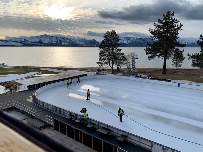 The rink at Lake Tahoe is located on the 18th fairway of the Edgewood Tahoe Resort.