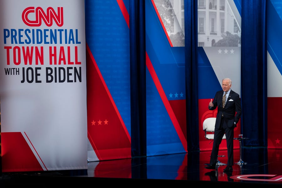 President Joe Biden participates in a televised town hall event at Pabst Theater, Tuesday, Feb. 16, 2021, in Milwaukee.