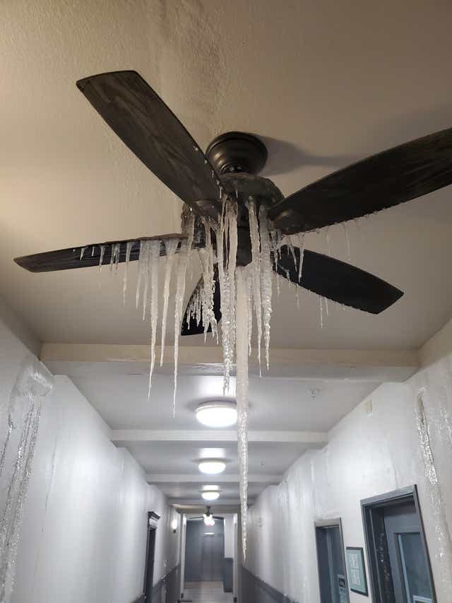 Ice Hangs Off Ceiling Fan In Texas One, Water Leaking Out Of Ceiling Fan