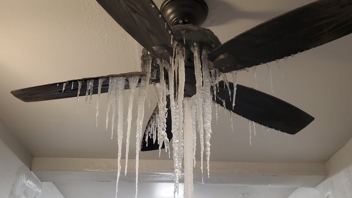 Icicles hang from a ceiling fan in Dallas, Texas, amid a historic cold snap in February.