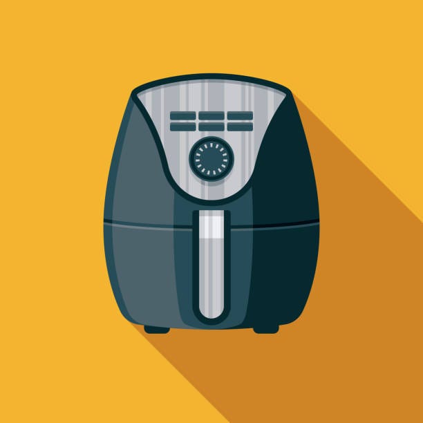 A flat design styled air fryer icon with a long side shadow.  Color swatches are global so it's easy to edit and change the colors.