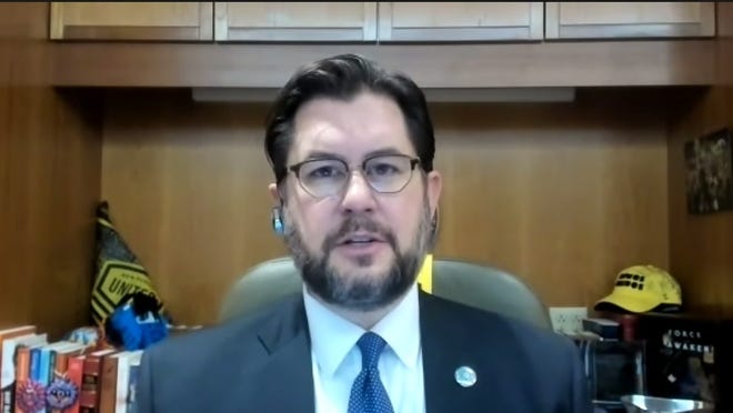 New Mexico House Speaker Brian Egolf takes questions from reporters via video conference on Thursday, Feb. 18, 2021.