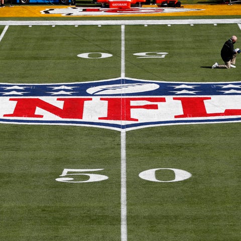 General view of the NFL logo on the field before S