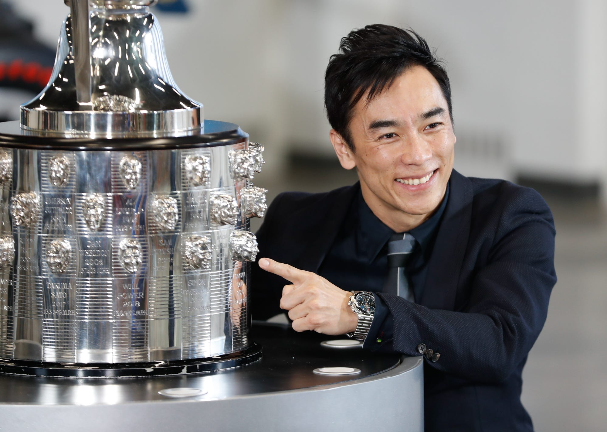 2020 Indy 500 winner Takuma Sato celebrates at Trophy reveal