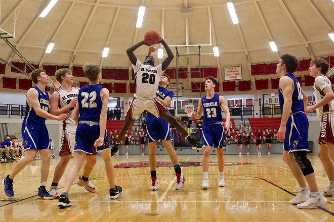 El Dorado’s Jermiah Kemboi (20) goes into the lane for a layup against Circle on Friday, Feb. 19 at El Dorado High School.