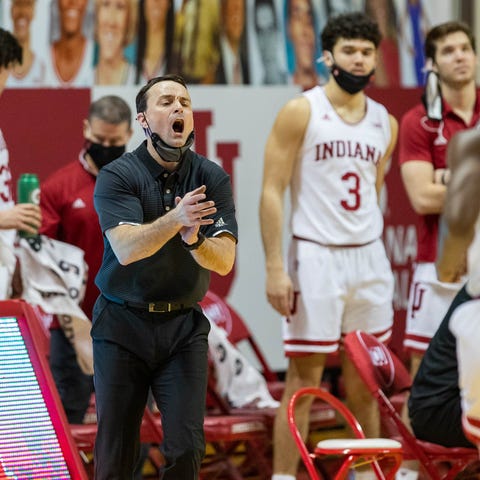 Indiana Hoosiers head coach Archie Miller reacts o