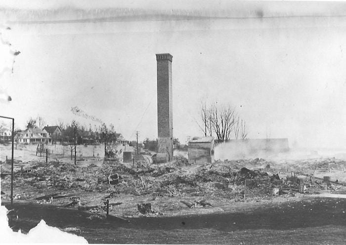 The only remaining structures following a devastating fire that destroyed Ottawa Beach Hotel on Tuesday, Nov. 6, 1923, were a large chimney, a nearby bake oven and a few odds and ends of masonry.