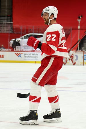 Red Wings defenseman Patrik Nemeth celebrates his goal while in the second period of the Wings' 2-1 win on Saturday, Feb. 20, 2021, at Little Caesars Arena.