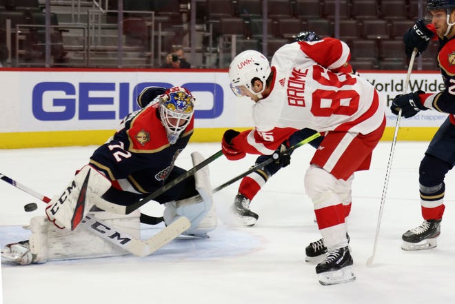 Mathias Brome (86) of the Detroit Red Wings scores his first career NHL goal during the second period past Sergei Bobrovsky (72) of the Florida Panthers.