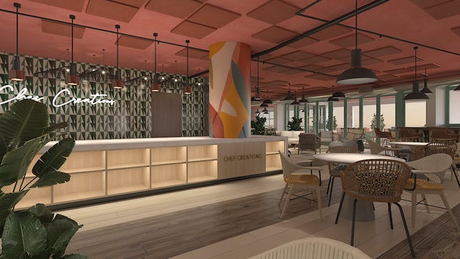 The Delray Beach Market's mezzanine level features a chef's kitchen for cooking demos, classes and other events. With doors and windows that open to create an indoor/outdoor space, "The Mezz" aims to be a community hub. MENIN/rendering