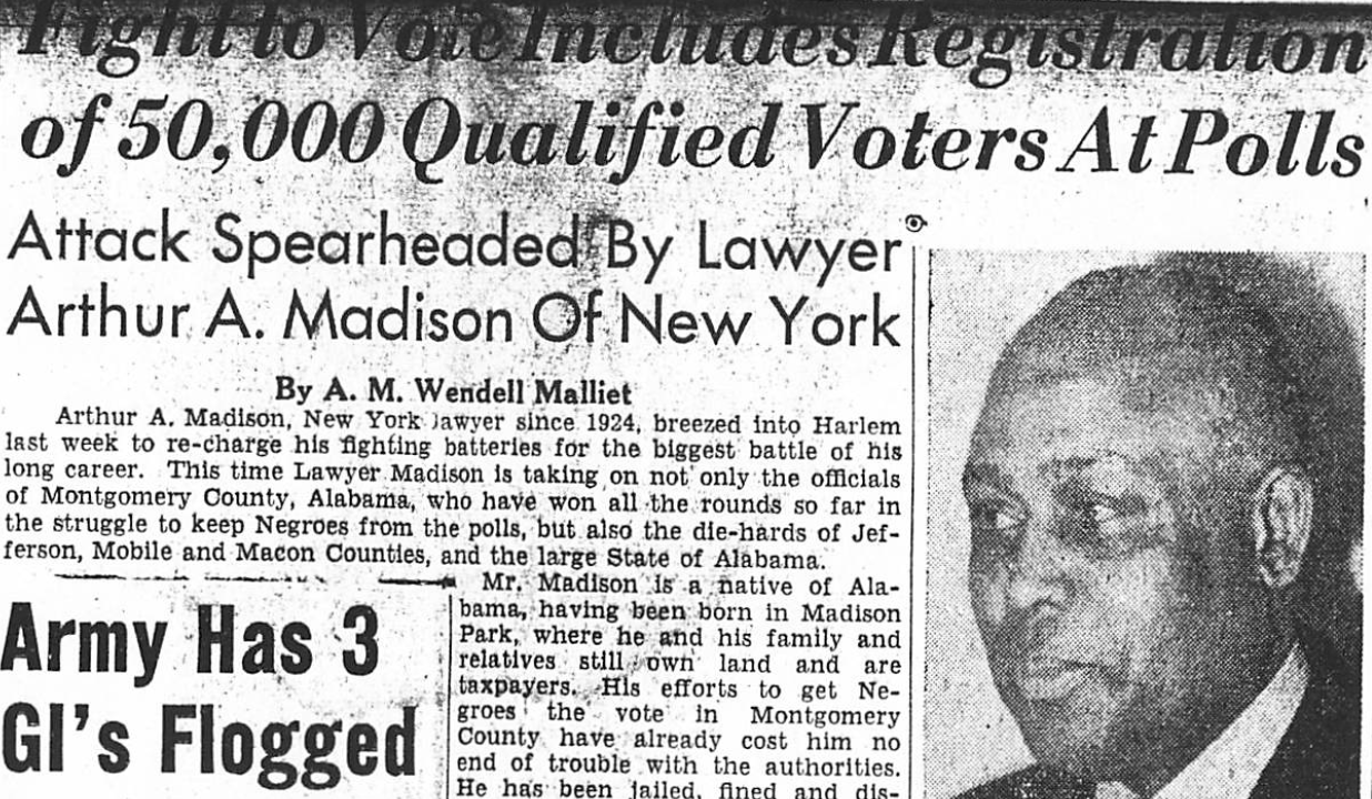 Arthur Madison as seen on the July 15, 1944 cover of the New York Amsterdam News. Madison told the newspaper he wanted to register voters in at least 3 Alabama counties.