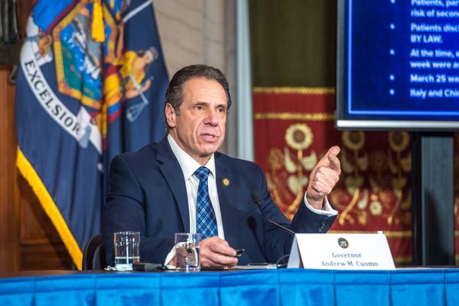 Gov. Andrew Cuomo holds a press briefing on Feb. 15, 2021, as he explains how nursing home deaths were counted.