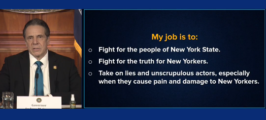 Gov. Andrew Cuomo on Friday, Feb. 19, 2021, detailed his job description in a slide amid criticism over how he handled nursing home deaths due to COVID-19.