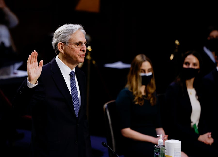 Judge Merrick Garland, nominee to be attorney general, is sworn in at his confirmation hearing before the Senate Judiciary Committee, Monday, Feb. 22, 2021, on Capitol Hill in Washington. (Carlos Barria/Pool via AP)