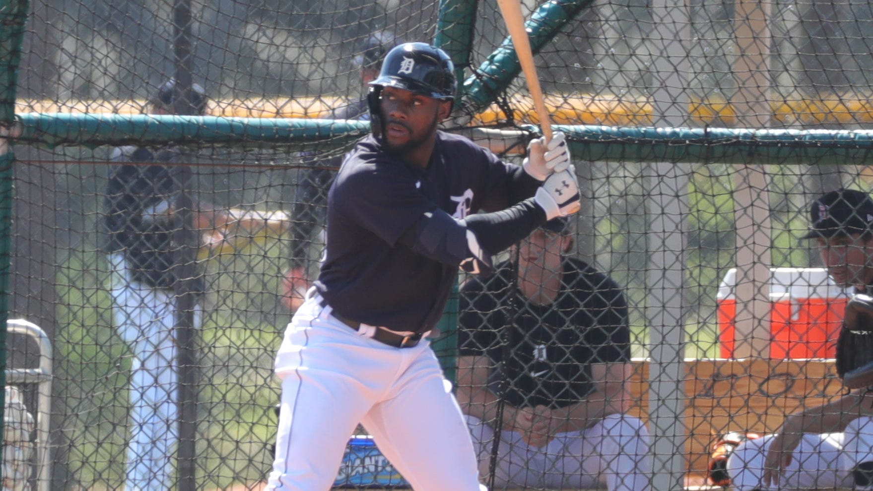 Detroit Tigers outfielder Akil Baddoo takes batting practice Tuesday, Feb. 23, 2021, on the Tiger Town practice fields at Joker Marchant Stadium in Lakeland, Florida.