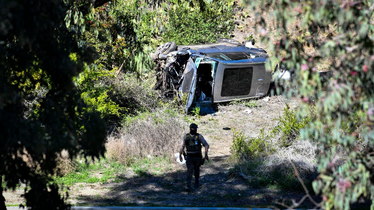 Tiger Woods' vehicle after he was involved in a rollover accident in Rancho Palos Verdes, California, on Feb. 23, 2021. Woods had to be extricated from the wreck by Los Angeles County firefighters, and is currently hospitalized.