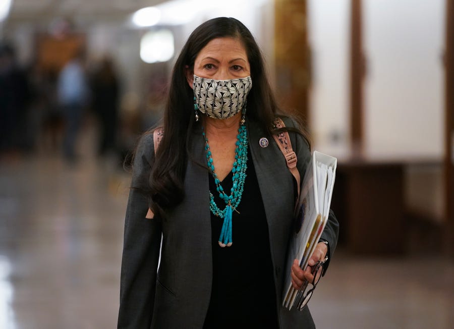 Interior secretary nominee Deb Haaland departs the Senate Energy and Natural Resources committee hearing considering her nomination Feb. 23.