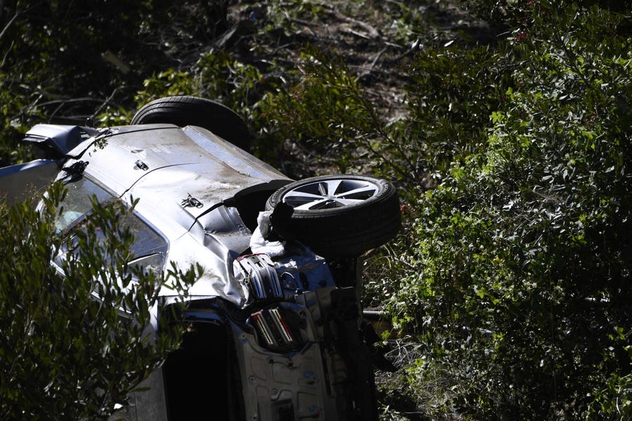 Tiger Woods' vehicle was tipped on its side in Rancho Palos Verdes, Calif.