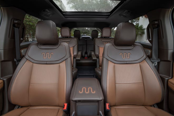 This image shows mahogany-colored Del Rio leather-trimmed seats in the 2021 Ford Explorer King Ranch edition.