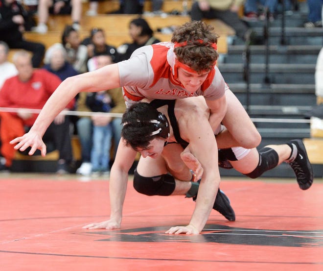 Plymouth South's Lucas Coppula, bottom, defeated Silver Lake's Will Barkowsky, during the Division 2 South Sectional wrestling championships at Whitman-Hanson Regional High School on Saturday, Feb. 15, 2020.