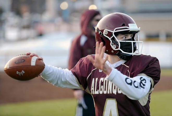Algonquin Regional High School football quarterback Jeff Valentine, Feb. 26 at practice held at the New England Baseball Complex turf field.