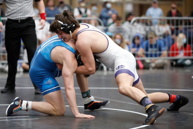 Christian Brothers's Aidan Bowers, right, wrestles McCallie's Gavin Cagle in their TSSAA Division II state wrestling tournament 160-lb championship bout at the Chattanooga Convention Center on Thursday, Feb. 25, 2021, in Chattanooga, Tenn.